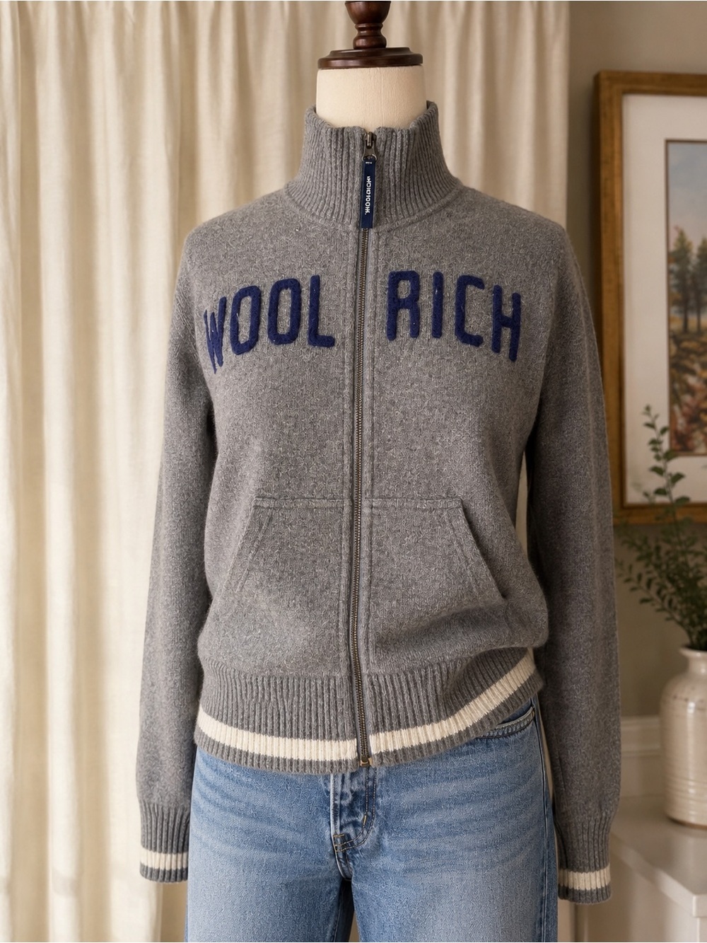 Vintage Woolrich Gray Full-Zip Wool Sweater with Navy Lettering